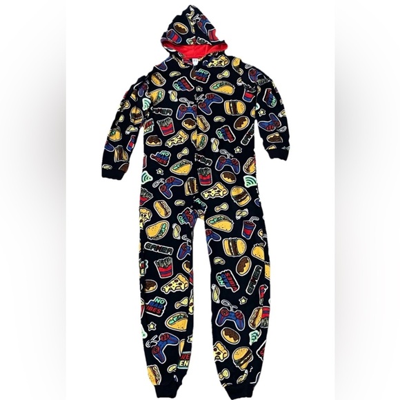 Boys Size 16 Fleece Pajamas Lot of 2 One Piece Blue Space & Food Print - Picture 6 of 7